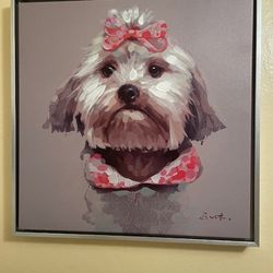 Adorable Dog Wall Painting Oil On Canvas 18”x18” Aluminum Frame 