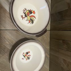Vtg Metlox Poppytrail Provincial Rooster Round Serving Bowl W Handle 8” & Bowl
