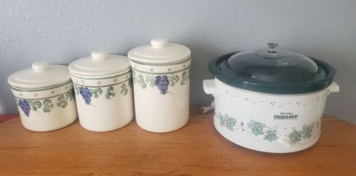 Vintage rival crockpot and 3 grapevine kitchen canisters from crockshop