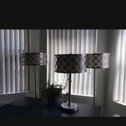 Set Of 3 brushed nickel lamps, 2 floor 1 table