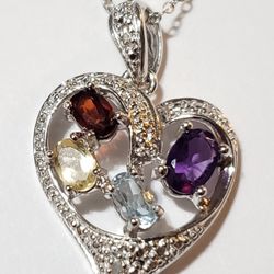 Multi Stone Sterling Silver Pendant & Chain