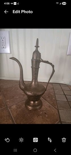 Vintage Etched 9-1/2" Brass Oil Decanter Genie Lamp Teapot Hinged Lid India