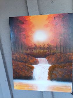 Original Sunset Waterfall Landscape spray Paint art on canvas