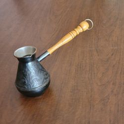 Vintage Copper Cezve Turkish Armenian Coffee Pot Turka Турка Coffee 
Maker Jezve.
Made in Paytigorisk, Russia, USSR.  Handmade. Hand embossed.
Holds 3