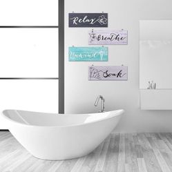 4 Pieces Farmhouse Bathroom Wall Decor Relax Soak Unwind Breathe Wood Signs Funny Rustic Bathroom Wall Art Hanging Wooden Wall Decoration Vintage Wood