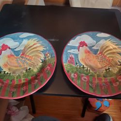 TWO Susan Winget Ceramic Rooster Plates
