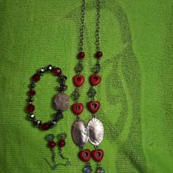 Red Heart Necklace, Bracelet and Earrings