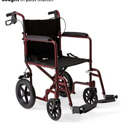 Medline Lightweight Foldable Transport Wheelchair with Handbrakes and 12-Inch Wheels, Red Frame, Black Upholstery