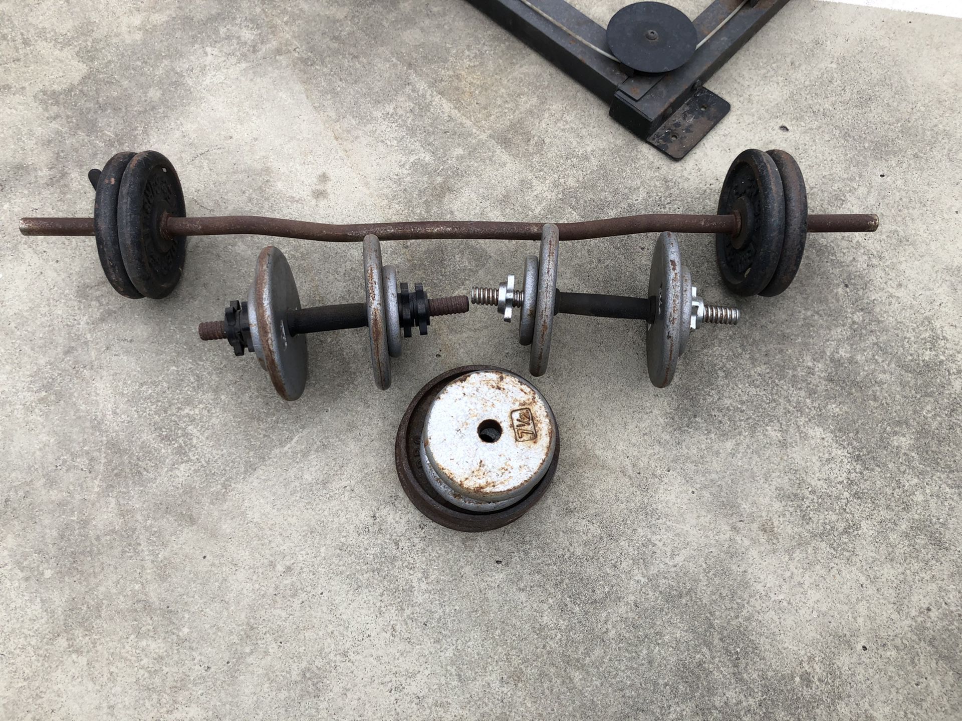 Olympic standard curl bar and adjustable dumbbells 127lbs of standard plates
