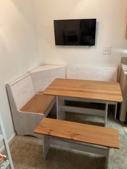 Corner Breakfast Nook Dining Set | Table + Benches | White & Natural Wood