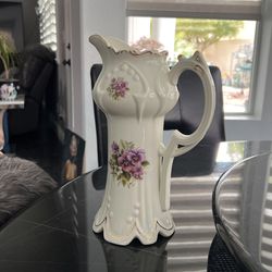 Tall  Vase or water jug purple flowers very pretty