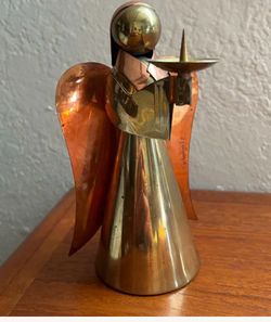 vintage brass and copper Angel taper candle holder pair