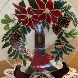 Vintage Peggy Karr Signed Fused Glass Poinsettia Christmas Bowl 