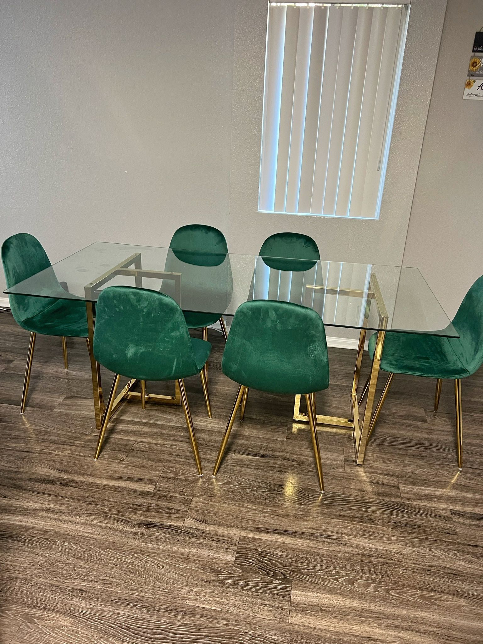Emerald Green Velvet Gold Glass Dining Set