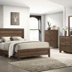 Queen Rustic Brown 4pc Bedroom Set Bed Dresser Mirror Nightstand