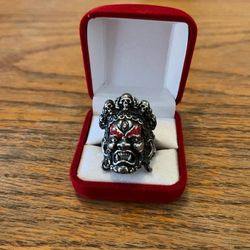 Men’s Stainless Steel Silver & Red Eyebrows & Fang Teeth Huge Facial Medusa Skeleton Gothic Ring Size 12