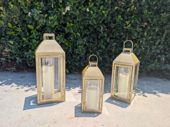 Set of 3 Gold Metal LED Lanterns for Wedding Decor