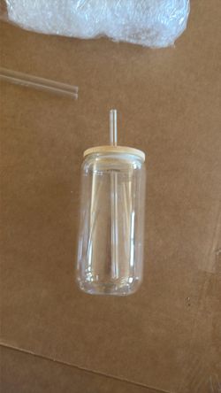 Set of 3 Glass Cups with Wood Lids and Glass Straws
