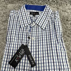 Galaxy by Harvic Button Dress Shirt Size Small Blue Plaid Long Sleeve NWT