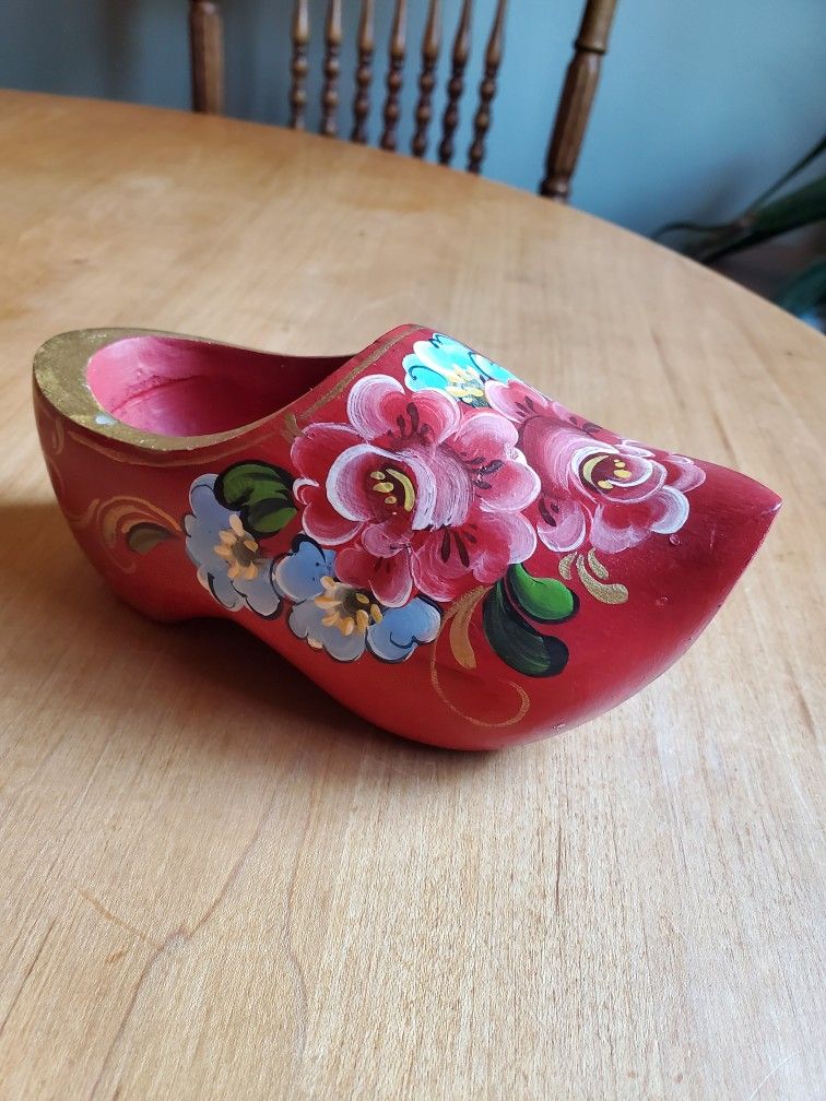 Hand-painted Floral Red Dutch Holland Wooden Shoe