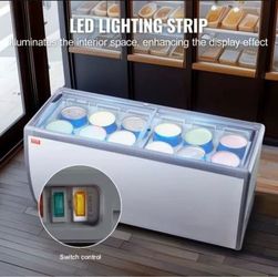 VEVOR Commercial Ice Cream Display Case, 20 Cu.ft Chest Freezer, Mobile Glass Top Deep Freezer, Restaurant Gelato Dipping Cabinet with 12 Large Tubs,
