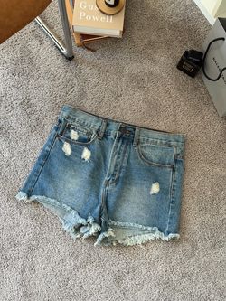 High Rise Light Wash Distressed Ripped Denim Shorts Frayed Raw Hem Festival Summer Jean Shorts