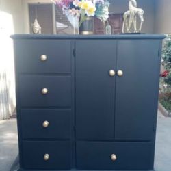 Solid Wood 5 Drawer Dresser/Armoire With Doors To Hanging Rod - Black With Gold 