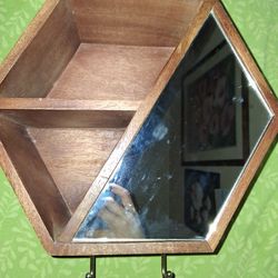 vintage wood Hexagon Wall-Mounted Cubby Shelf With Mirror And Hooks
