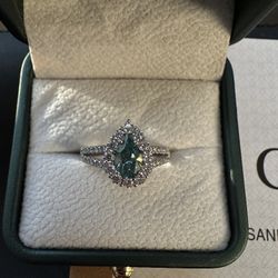 Sterling Silver Pear Shaped Green Moissanite Ring 