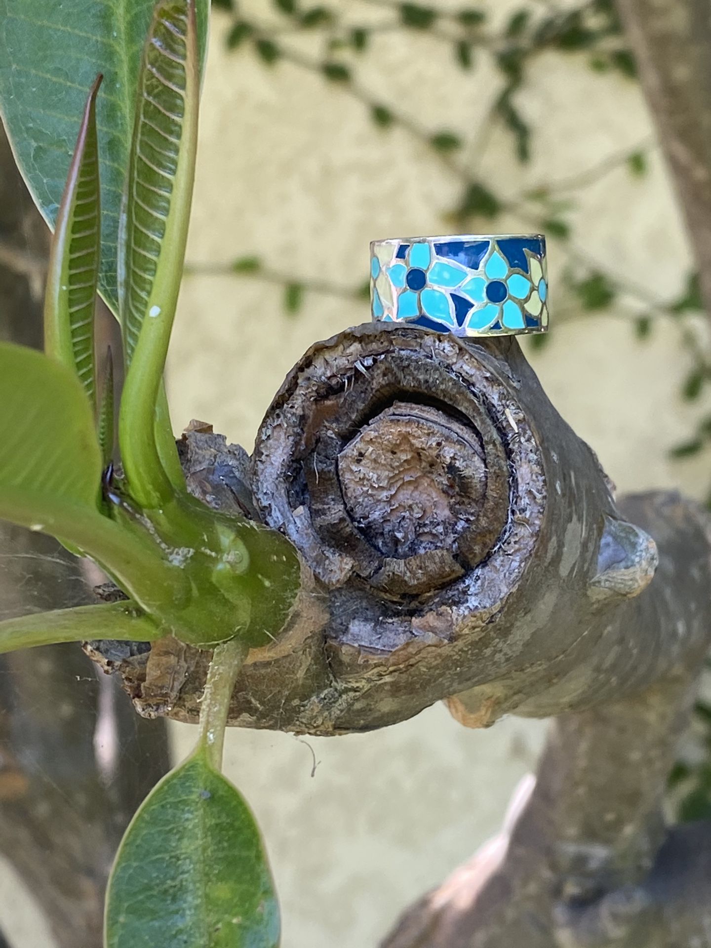 Thick flowered enamel sterling silver ring