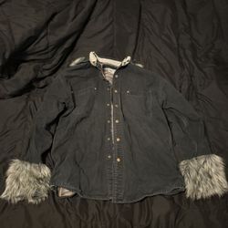 Carhartt-Style Heavy Jacket • Black/Grey • Plaid Lining • Custom Fur Details