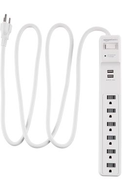 Amazon Basics 6-Outlet Surge Protector Power Strip with 2 USB Ports - 1000 Joule, White