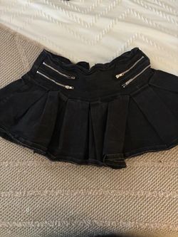 Black Denim Pleated Mini Skirt with Zippers
