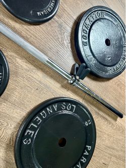 BRAND NEW 5 ft Silver Standard Bar & VINTAGE Weight Plates: 25s, 10s And 5s. (Total: 97 lbs)