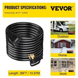 36FT FT Amp RV Extension Cord Durable Premium Power Cord RV 26.5mm Wire Diameter Extension Cord Copper Wire RV Cord Power Supply Cable for Trailer Mot
