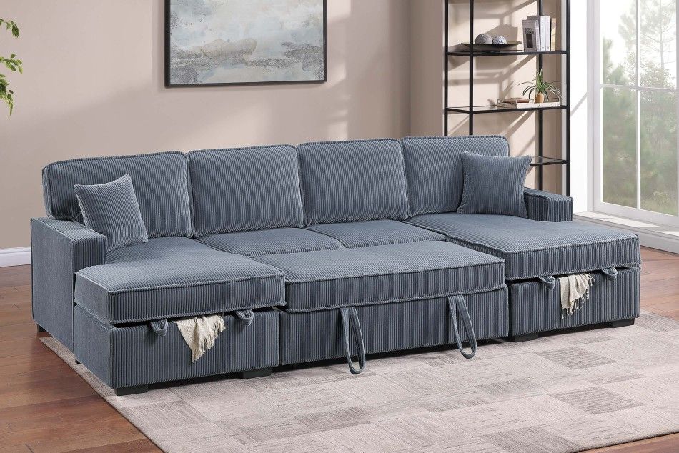 3pcs Sectional Sofa w/2 storage chaise & pulloutbed