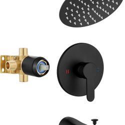Shower Faucet Set with Valve and Tub Spout,8 Inch Rainfall Shower Head, Wall Mount Shower System,Brass Rough-In Valve,Bathroom Shower Trim Kit,Matte B