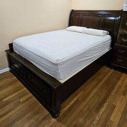 Queen bed frame mattress book case dresser mirror nightstand