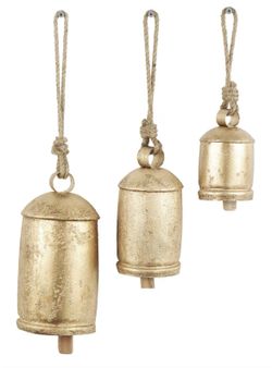 Decorative Cow Bells with Jute Hanging Rope, Set of 3 10", 7", 5"H, NEW
