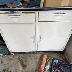 Vintage Mid-Century Steel Kitchen Cabinet - Porcelain Enamel Top