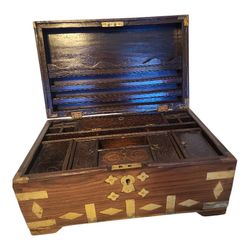 Antique Wood Brass Inlay Writing Box Secret Compartments Document Desk Chest