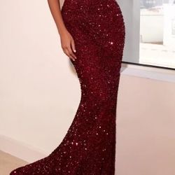 BURGUNDY LONG OFF SHOULDER SEQUIN DRESS