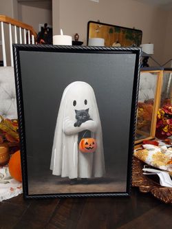 Halloween Ghost Cat Framed Canvas Wall Art