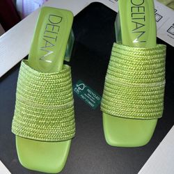Green Slide In Sandals With Block Heel