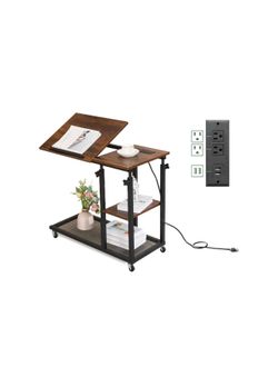 New IFDZSW Height Adjustable C Table with Wheels End Tables with Charging Station Sofa Bedside Laptop Stand TV Tray for Bedroom (Brown)(E156)