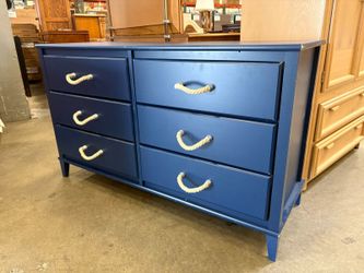 Modern Navy Blue Nautical Themed 6 Drawer Dresser with Woven Sisal Pulls
