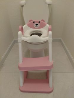 Pink Bear Toddler Potty Training Toilet Seat with Step Stool