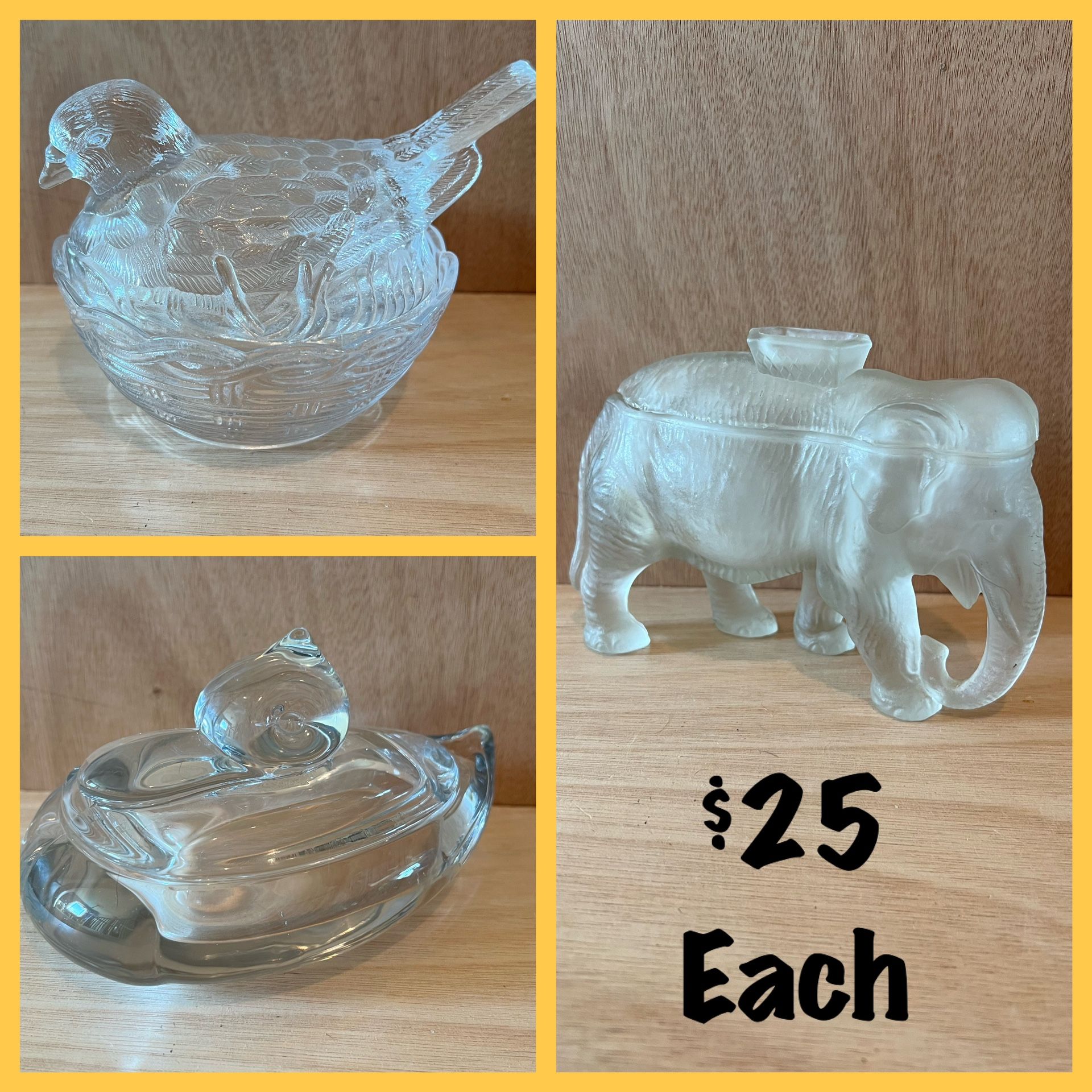 🐘🐦🦆 Glass Candy / Trinket Dishes w/Lids