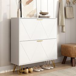 White Shoe Cabinet Storage for Entryway, Narrow Shoe Cabinet with 2 Flip Drawers,Freestanding Organizer with Fluted Panel for Living Room, Bedroom, Ha