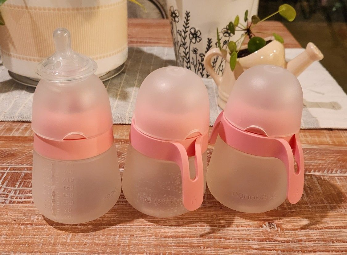3 Nanobebe 9oz Baby Bottles, 2 Handles, Level 2 & 3 Nipples